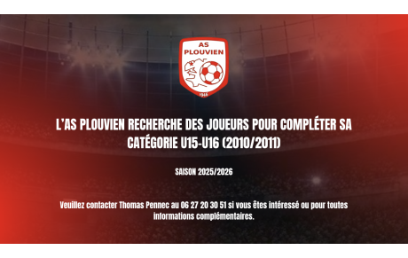 L’AS Plouvien recrute pour sa catégorie U15/U16